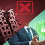 介護事業所の指定取り消しによる事業崩壊と失業(左側)と、AIやコンプライアンス意識による職員のキャリア保護(右側)を対比させたイラスト。