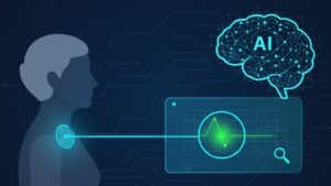 AIがウェアラブルセンサーや行動分析を通じて、人間の目には見えない急変の微細な「予兆」を事前に捉え、看護師に知らせる様子を表現した未来的なイラスト。