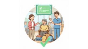 ショートステイの荷物チェックの簡素化が、ご利用者、ご家族、職員の三者すべてに「安心」と笑顔をもたらし、調和の取れたケアに繋がっている様子を象徴的に描いたイラスト。