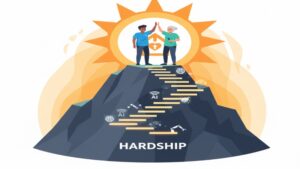 リハビリ特化型デイサービスにおける「きつさ」を乗り越えた先に、ご利用者の成長という「大きなやりがい」と、AI技術に支えられた「将来性」が待っていることを象徴的に表現したイラスト。