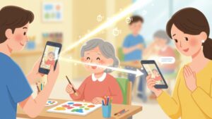 デイサービスの職員が撮影した活動の様子が、リアルタイムで家族のスマートフォンに届き、家族が大きな安心感を得ている様子。