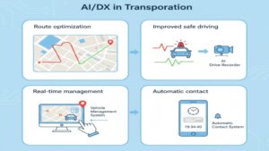 AI・DXによる送迎業務の4つの未来像「ルート最適化」「安全運転の客観的改善」「リアルタイム車両管理」「自動到着連絡」をアイコンで図解したイラスト。
