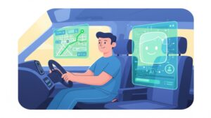 デイサービス送迎車内で、運転手の隣にAI・DXのシステムが座り、安全運行をサポートしている様子。AIが「もう一人の職員」として機能することを表現。