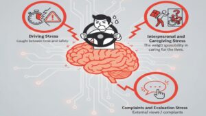 デイサービス送迎ストレスの主な3大原因である「運転ストレス(時間と安全)」「責任の重さ(対人・介助)」「クレーム・評価ストレス(外部の視線)」をアイコンで示した図。