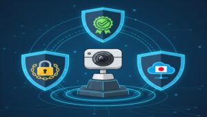見守りカメラのパスワード変更、Wi-Fiルーターの強化、ファームウェア更新といった、安全な初期設定と管理の鉄則を3つのアイコンで示したイラスト。