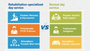 リハビリ特化型デイサービスと通常のデイサービスの目的、中心職種、一日の流れ、雰囲気の決定的な違いを、視覚的に比較してまとめた表形式のイラスト。