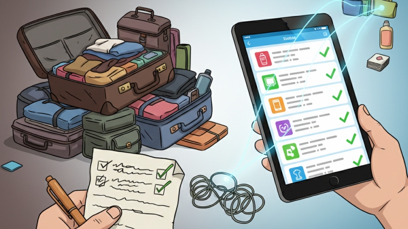 ショートステイの荷物チェックにおける紙の煩雑なチェックリスト（左側）と、ICT・AIを活用したデジタルチェックリストと自動認識（右側）による業務簡素化の様子。