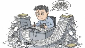 管理者が山積みの書類や巨大なExcelシートに向かい、手作業で競合の公表データを分析している様子。従来型のデータ活用の非効率さを表現している。