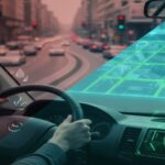 デイサービス送迎時の渋滞や時間のプレッシャーによるストレス(左側の緊張した運転手)と、AIルート最適化や安全運転支援による負担軽減(右側の冷静な運転手)を対比したイラスト。