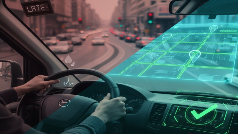 デイサービス送迎時の渋滞や時間のプレッシャーによるストレス(左側の緊張した運転手)と、AIルート最適化や安全運転支援による負担軽減(右側の冷静な運転手)を対比したイラスト。