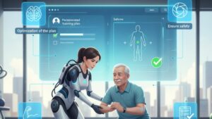 リハビリ特化型デイサービスで、AIによるリハビリ計画最適化、見守りセンサー、パワーアシストスーツの導入により、職員の身体的・精神的な負担が軽減されている未来の現場の様子。
