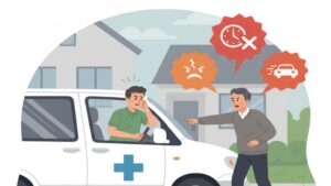デイサービス送迎車に対し、ご家族や近隣住民が運転マナーや遅延についてクレームを言っている様子。職員の精神的負担を表現している。
