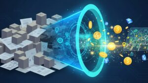 公的サイトの生データ(左側の無機質なデータブロック)を、AIやDXを活用した分析で、経営戦略に役立つ「宝の山」(右側の光るデータ)に変えている様子。