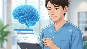 AIがバイタルや活動記録から連絡帳のコメントを自動で生成支援し（デジタルの文章）、職員がそこに温かい一言（手書きのペン）を加えて、記録の効率化と質の両立を目指す未来の姿。