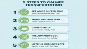 送迎ストレスを軽減するために、今日からできる「ゆとりある計画」「情報共有」「安全運転」「ルール整備」「報告しやすい風土」の5つの基本動作をまとめたチェックリスト図。