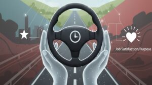 送迎ストレスから解放され、組織とAIのサポートにより、デイサービス送迎が安全かつ「やりがい」のある仕事へと変わっていく前向きな変化を象徴するイラスト。