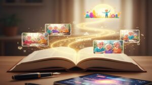 デイサービス利用状況報告書が、単なる記録ではなく、ご利用者の一日の温かい「物語」として、家族や未来のケアへと繋がっていく様子を表現したイラスト。