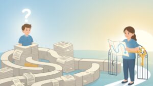複雑な介護制度の迷路にいる家族に、道を示す地図を持つケアマネジャーが手を差し伸べているイラスト。居宅介護支援事業所の役割を表現している。