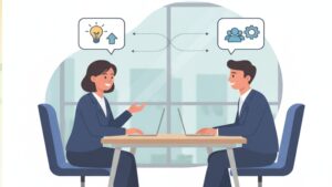 管理者と部下が対話形式で目標と評価について面談している様子。