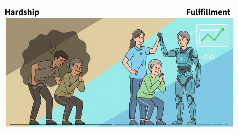 リハビリ特化型デイサービスで職員が感じる身体的・精神的な「きつさ」（左側の重い負荷）と、AIやロボット技術による負担軽減とご利用者の成果による「やりがい」（右側の明るい未来）を対比したイラスト。