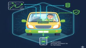 AI・DX技術が、送迎ルート最適化、安全運転支援システム、自動連絡システムを通じて、送迎ストレスの原因そのものを排除し、安全で効率的な未来の働き方を実現している様子。