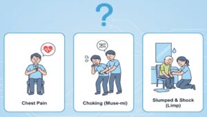 デイサービスで起こりやすい3つの急変事例(胸痛、窒息/むせ込み、入浴後のぐったり)をイラストで示し、対応を学ぶケーススタディ。