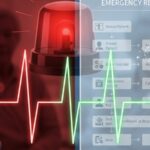 デイサービスでご利用者の容態が急変した緊迫の瞬間(左側の赤い警告)と、フローチャートとAIを活用した冷静で迅速な対応(右側の整理されたデータ)を対比させたイラスト。