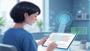 職員が入力した簡単な記録やメモから、AIが自然な文章で具体的な利用状況報告書を自動生成し、さらに変化の予兆(気づき)を検知して報告している様子。