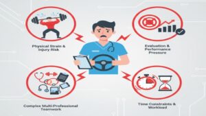 リハビリ特化型デイサービスがきついとされる4つの主な理由、「身体的負荷」「成果のプレッシャー」「高いスキル要求」「時間管理の厳しさ」をアイコンで示した図。