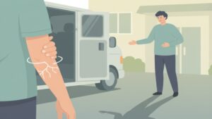 送迎中の乗降介助で、ご利用者の体調急変や転倒リスクを心配し、細心の注意を払っている介護職員の手元。安全責任への不安を象徴している。