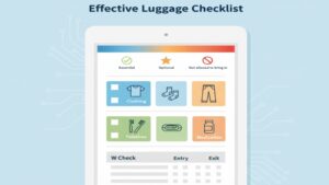 ショートステイの荷物チェックを簡素化するための「必須・任意・不可」の明確化、カテゴリー別の色分け・図解、入退所時のWチェック欄の3つのポイントを取り入れたチェックリストの作成例。