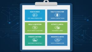 デイサービス利用状況報告書で記載すべき6つの主要項目(バイタル、食事、入浴、排泄、活動、特記事項)をアイコン付きで示した図。