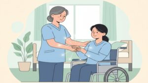 先輩職員が新人職員に移乗介助の基礎スキルを指導している様子。