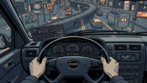 運転席からの視点で、大きく感じる送迎車のハンドルと、複雑で狭い住宅街の道が迫っている様子。運転そのものへのプレッシャーを表現している。