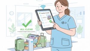 ショートステイの荷物管理におけるAI・ICTの活用例。ペーパーレスのデジタルチェックリスト、写真撮影による現物管理、そしてRFIDタグやAIによる自動認識・紛失防止システム。