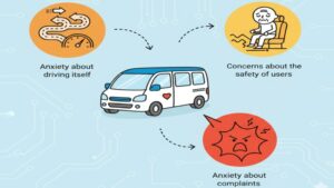 デイサービス送迎で職員が感じる3つの根本原因、「運転のプレッシャー」「利用者の安全」「クレームの不安」をアイコンで示した図。