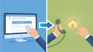 オンラインでの検索結果(左側)に満足せず、必ず事業所に電話をかけ、見学に行くという行動(右側)の重要性を強調したイラスト。