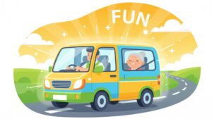 デイサービスの送迎業務が、AI・DXと人の努力により「怖い」業務から、運転手とご利用者が笑顔でコミュニケーションを取る「楽しい」業務へと進化している様子。
