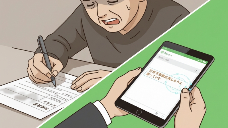 デイサービス利用状況報告書の作成に悩む職員(左側の焦燥感)と、AIや例文を活用して質が高く個別性のある記録を効率的に作成する様子(右側のデジタル画面)を対比させたイラスト。