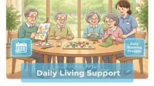 ショートステイは、介護保険が適用され、レクリエーションや他者との交流といった生活支援を中心としたサービスであり、レスパイト入院に比べて費用負担が少なく、予約も取りやすいというメリットを表現したイラスト。