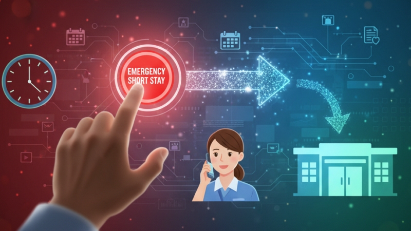 緊急ショートステイの必要性（赤色の緊急ボタン）と、それによってパニック状態のご家族から、ケアマネジャーと介護事業所へと迅速な対応が連携される流れを表現したイラスト。