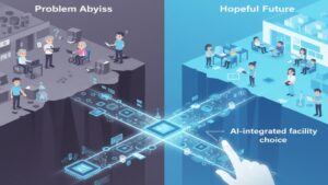 住宅型有料老人ホームの現状の問題点（暗い谷）と、AIやICT技術によってそれらの課題が解決され、入居者と職員双方にとってより安全で安心できる未来の介護施設（明るい橋の向こう）へと進む様子を描いたイラスト。