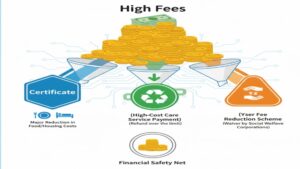 老人ホームの費用を月10万円以下に抑えるために最も重要な3つの公的制度（介護保険負担限度額認定証、高額介護サービス費、社会福祉法人による軽減制度）の仕組みを、費用が減額される様子で示した図。