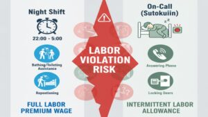 AI見守りセンサーの導入が、夜間巡回の概念を「定時巡回」から「通知時訪室」へと変革させ、不要な訪室を減らすことで、入居者の安眠確保と夜勤職員の負担軽減を両立させた成功事例を図解したイラスト。