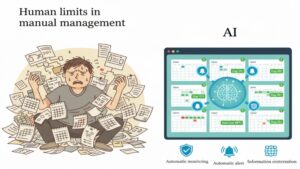 ショートステイの日数管理で人為的ミスが起こる限界（左側の混乱した介護職員）と、AIが2つのルールを自動監視・アラートし、情報共有を一元化することでミスをなくす未来（右側のスマートなシステム）を対比したイラスト。