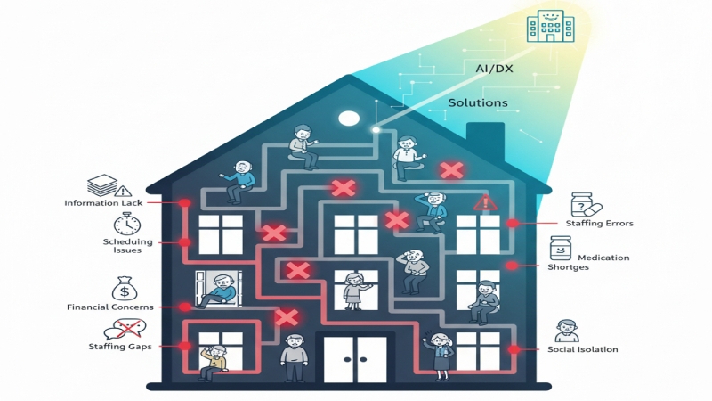 住宅型有料老人ホームが抱える7つの問題点（複雑な仕組みや不安）を迷路で表現し、それらの課題をAIやDX技術が解決へと導く希望の光として示したイラスト。