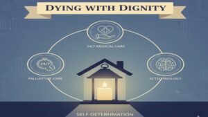 ホスピス型有料老人ホームが、最期まで「その人らしく」生きるための選択肢として、高度な医療機能、生活の自由、そしてAI技術による温かいサポートを提供していることを総括し、尊厳ある終末期ケアの重要性を訴えるイラスト。