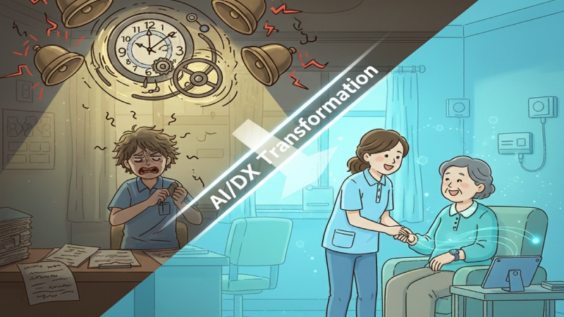 住宅型有料老人ホームの現場が抱える「大変」な現実（残業、過剰巡回、紙の記録）と、AI・DX技術の導入によってそれが「快適」なケアと効率化された未来へと変わる様子を対比させたイラスト。