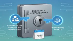 緊急ショートステイに備えて「担当ケアマネジャーとの日頃からの連携」と「AI・DXによる情報共有」の重要性を強調し、ご家族に今日からできる準備があるというメッセージを込めたイラスト。