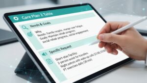 ケアマネジャーが作成するケアプラン2表で、ショートステイの「ニーズ」と「目標」を明確にし、「施設への具体的な依頼内容」を記述することの重要性を強調したイラスト。